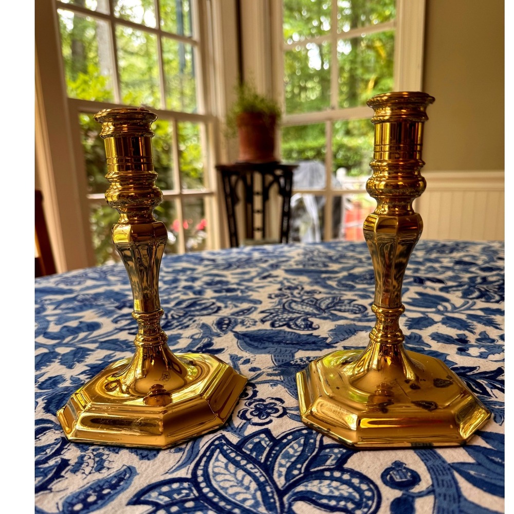 Baldwin Forged Brass Candlesticks Pair Octagonal Base Vintage Made in USA 7 inch
